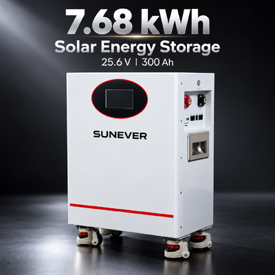 باتری خورشیدی لیتیوم یون SUNEVER 7.68 کیلووات ساعت 25.6 ولت 300 آمپر ساعت LiFePO4 برای ذخیره انرژی خانگی و برق پشتیبان خارج از شبکه